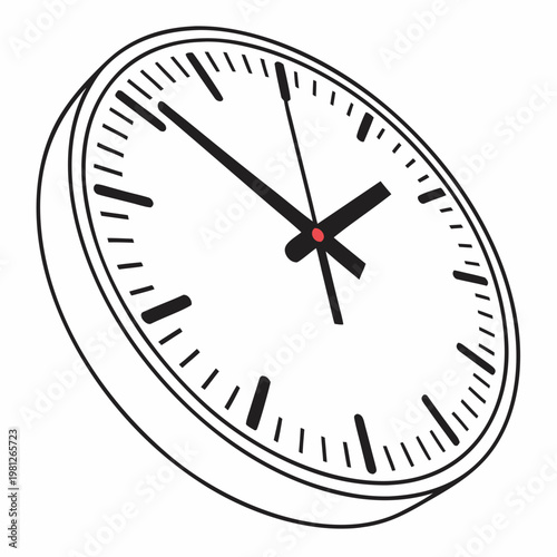 A simple illustration of an analog clock with black hands and red center dot