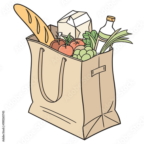 A brown paper bag filled with various grocery items including bread, milk, vegetables, and fruits