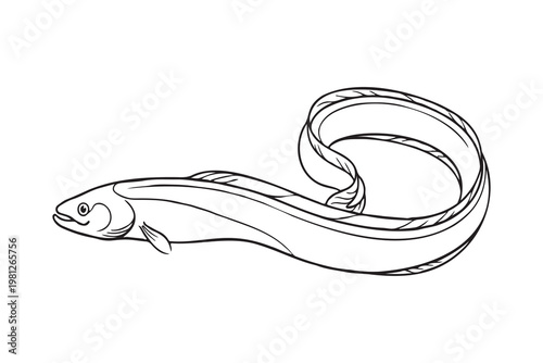Minimalist black-and-white line drawing of a ribbonfish with elongated ribbon-like body, small head, visible mouth and eye, short pectoral fin, continuous dorsal fin along the body, and tail curving i