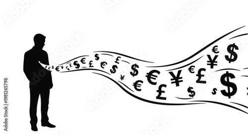 Businessman generating currency symbols stream