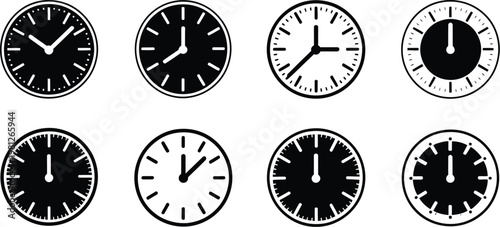 Clock Silhouette Business Vector Icon Bundle Featuring Time Management Symbols, Wall Clocks, Timers, and Schedule Icons, Productivity Planning Elements for Office Workflow and Corporate Design Project