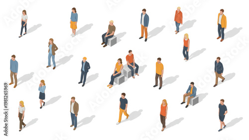 Diverse group of stylized people engaging in various activities together Vector