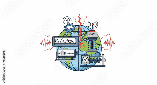 Earth with seismic monitoring equipment and signal waves