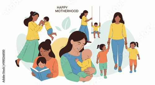 Diverse mothers share joyous moments with their children in a heartwarming illustration