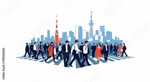 Diverse pedestrians cross a city street with iconic towers and buildings