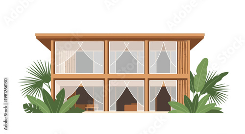 Modern wooden house with large windows and tropical plants eco friendly architecture sustainable living concept green surroundings natural light warm tones cozy home design