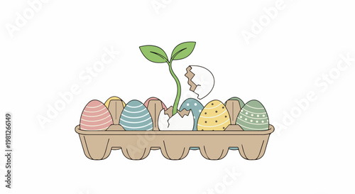 Easter eggs in a carton with a sprouting seedling from a cracked egg