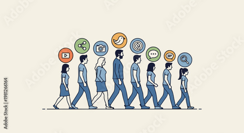 Diverse people walk in a line, each associated with a digital communication icon