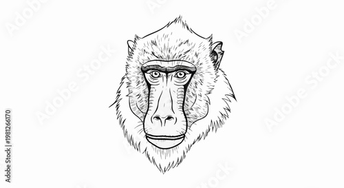 Detailed black and white sketch of a baboon's face with textured fur