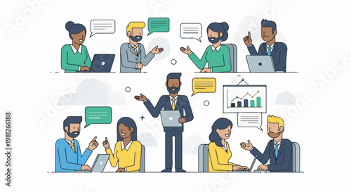 Diverse professionals collaborate on laptops, discussing ideas via speech bubbles