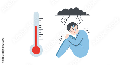 Person feeling unwell with fever and cloudy weather