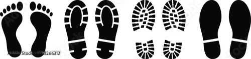 Various black footprints and shoe prints in different styles and patterns on a white background for design and graphic use