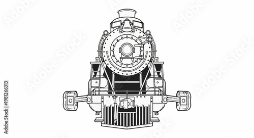 Detailed front view line art drawing of a classic steam locomotive engine