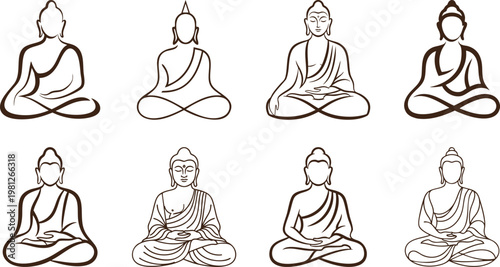 Buddha in simple geometric line arts collection,  buddha religion clipart  various styles, Buddhism silhouette vector art.