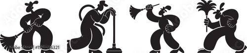 Cleaning  character, animated body language  figures depicting cleaners silhouettes,  vector art. 