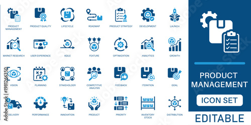 Product management icon set. featuring product, lifecycle, roadmap, strategy, agile, development, and market research in blue flat design.