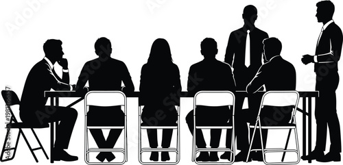 A group of silhouetted business professionals are seated around a table in a meeting setting high quality professional detailed modern elegant