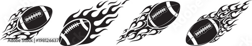 Design of a burning football in motion silhouette collection,  various styles,  traditional tribal art style, vector art.
