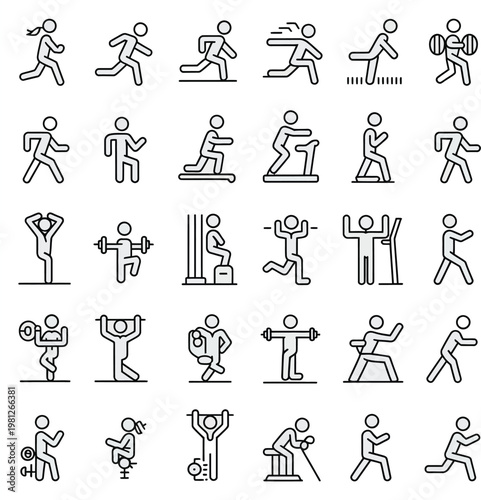A collection of vector business and fitness icons featuring silhouettes and pictograms of men and women for children and sport design