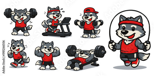 Cartoon wolf character exercising with weights.
