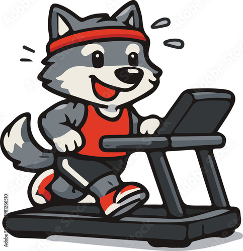 Cartoon wolf running on treadmill.