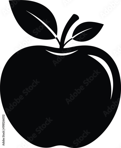 A simple black silhouette depicts a ripe round apple with a short stem and two leaves high quality professional detailed modern