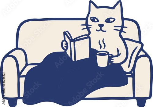 Cat sitting on a sofa reading.