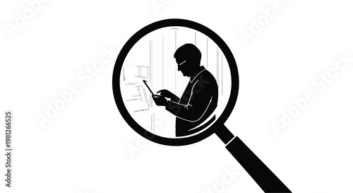 magnifying glass silhouette of man using smartphone