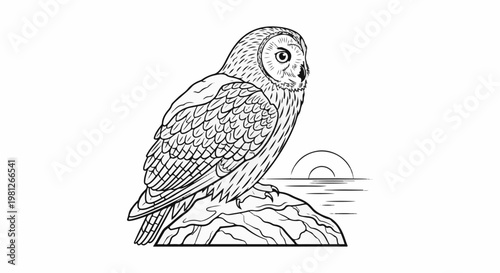 Detailed line drawing of a perched owl overlooking a serene body of water at sunset