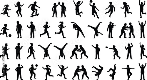 Collection of black silhouette illustrations of people engaging in various physical activities and sports