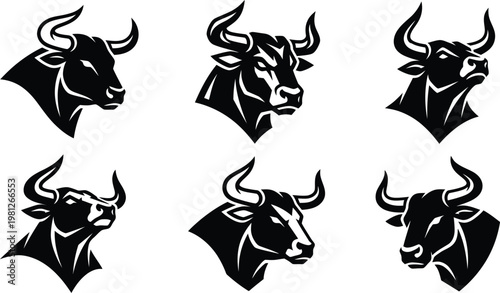 Fotografía Black and white vector graphic illustration of six different bull head designs