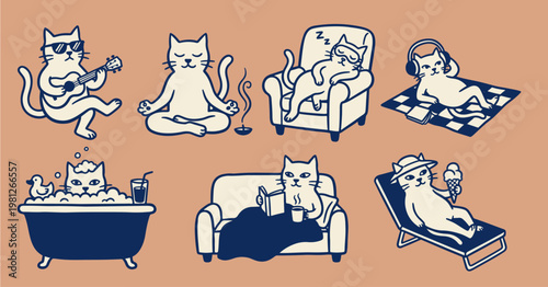 Cats in various relaxing positions.