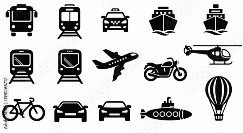 Diverse transport icons bus, trains, taxi, ships, plane, helicopter, motorbike, bike, cars, submarine, balloon