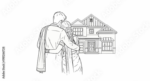 Couple embraces in front of their dream home, a sketch