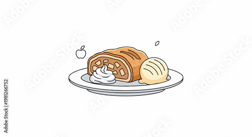 Delicious apple strudel slice with whipped cream and ice cream