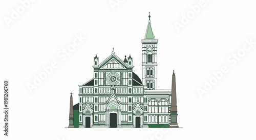 Detailed illustration of a grand cathedral with a tall bell tower and flanking obelisks