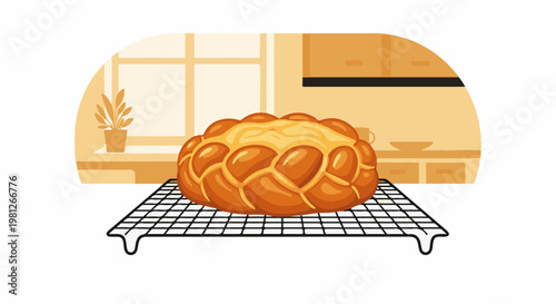 Delicious braided bread cooling on a rack in a warm kitchen