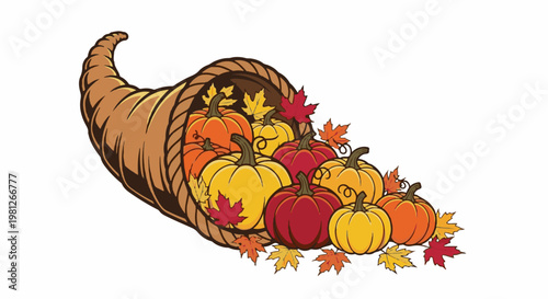 Cornucopia overflowing with colorful pumpkins and autumn leaves