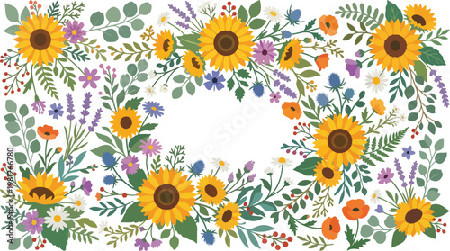 Vibrant floral wreath with sunflowers, lavender, and wildflowers creating a cheerful summer border design