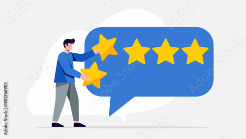 Customer Feedback Concept with Man Placing Five Star Rating on Speech Bubble