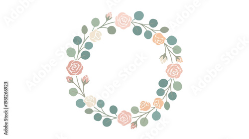 Delicate floral wreath with soft pastel roses and eucalyptus leaves forming a circular frame for design