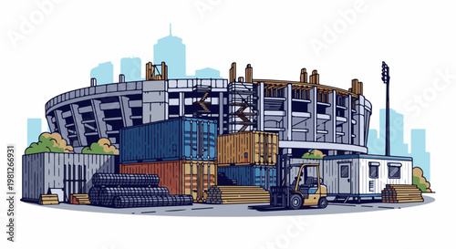Construction site with stadium in progress, shipping containers, forklift, and materials