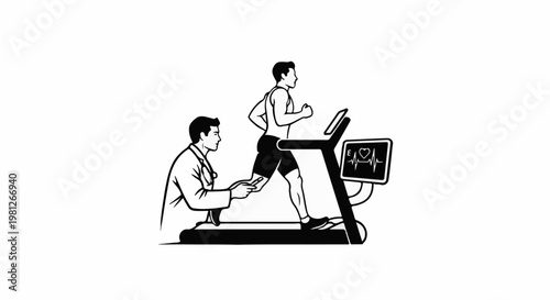 Doctor monitors athlete on treadmill showing heart rate