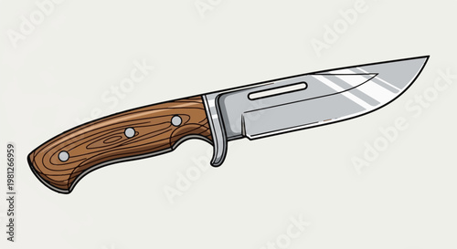 Detailed illustration of a single hunting knife with a wooden handle and steel blade