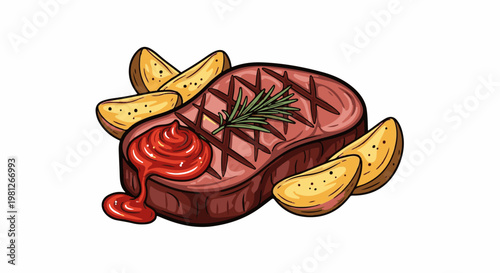 Delicious grilled steak with seasoned potato wedges and a side of ketchup