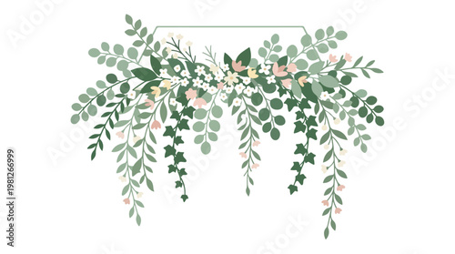 Elegant floral greenery arrangement with delicate flowers cascading from a geometric frame for wedding decor