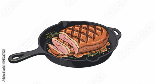 Delicious sliced roasted meat with herbs in a cast iron skillet