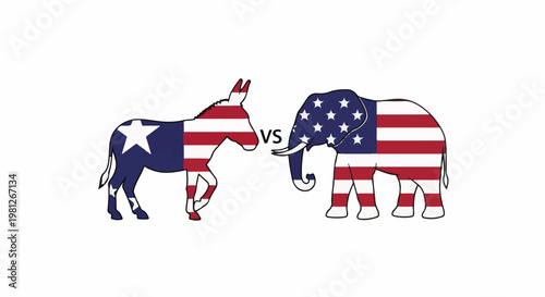 Donkey versus elephant, both stylized with American flag patterns