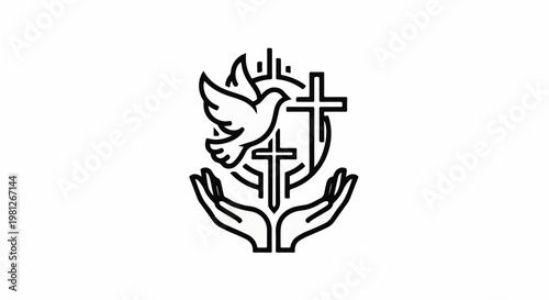 Dove with crosses above cupped hands in a circle