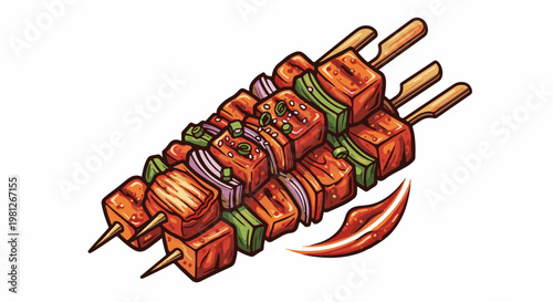 Deliciously presented skewers with savory cubes and vibrant vegetables